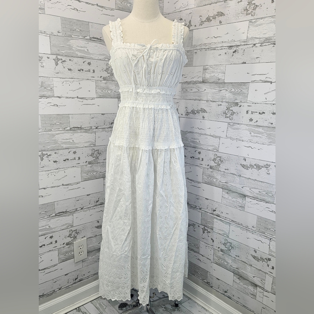 Gap × DÔEN Eyelet Midi Dress Xlarge Tiered Skirt Scalloped Hem Feminine